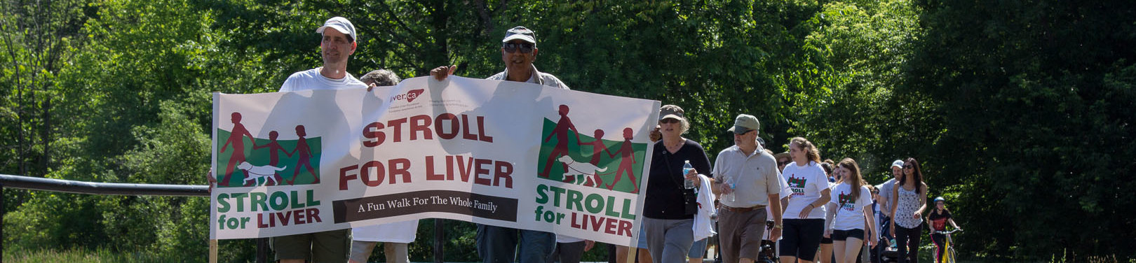 A lineup of Stroll for Liver participants walk holding a large Stroll for Liver banner