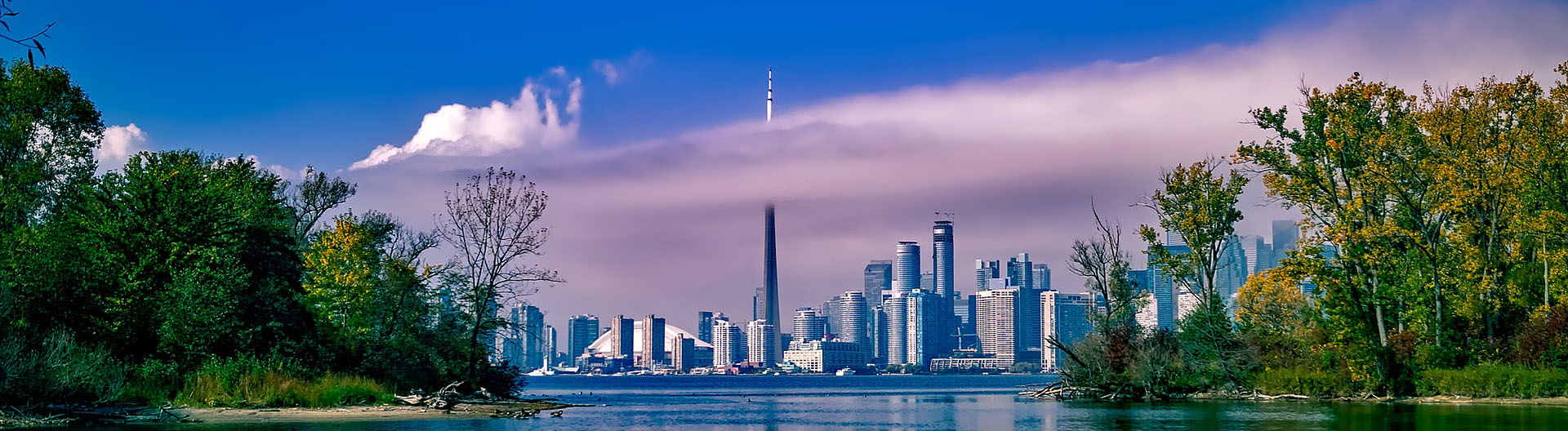 A landscape photo of downtown Toronto, with the CN Tower partially covered by a large pink cloud
