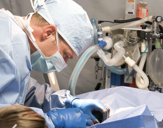 a surgeon looks attentively on the patient they are conducting surgery on. The surgeon is wearing full scrubs and rubber gloves.