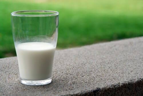 A half-full glass of milk sits on a concrete ledge outside. In the background, dark green grass is shown.