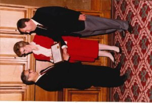 Dr. Carl Goresky receiving Gold medal in 1988 from Dr. Jenny Heathcoate and Ron McClory