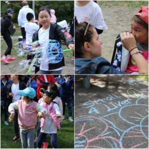 A collage of children partaking in activities at the Vancouver stroll for liver, including blowing bubbles, getting their face painted, dancing and using sidewalk chalk.