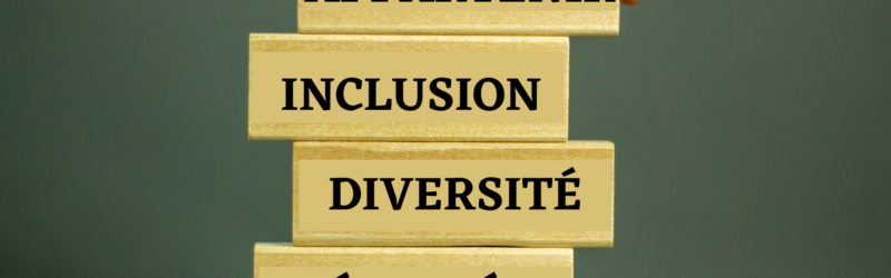 Une main empilant des blocs avec les mots appartenir, inclusion, diversité et équité