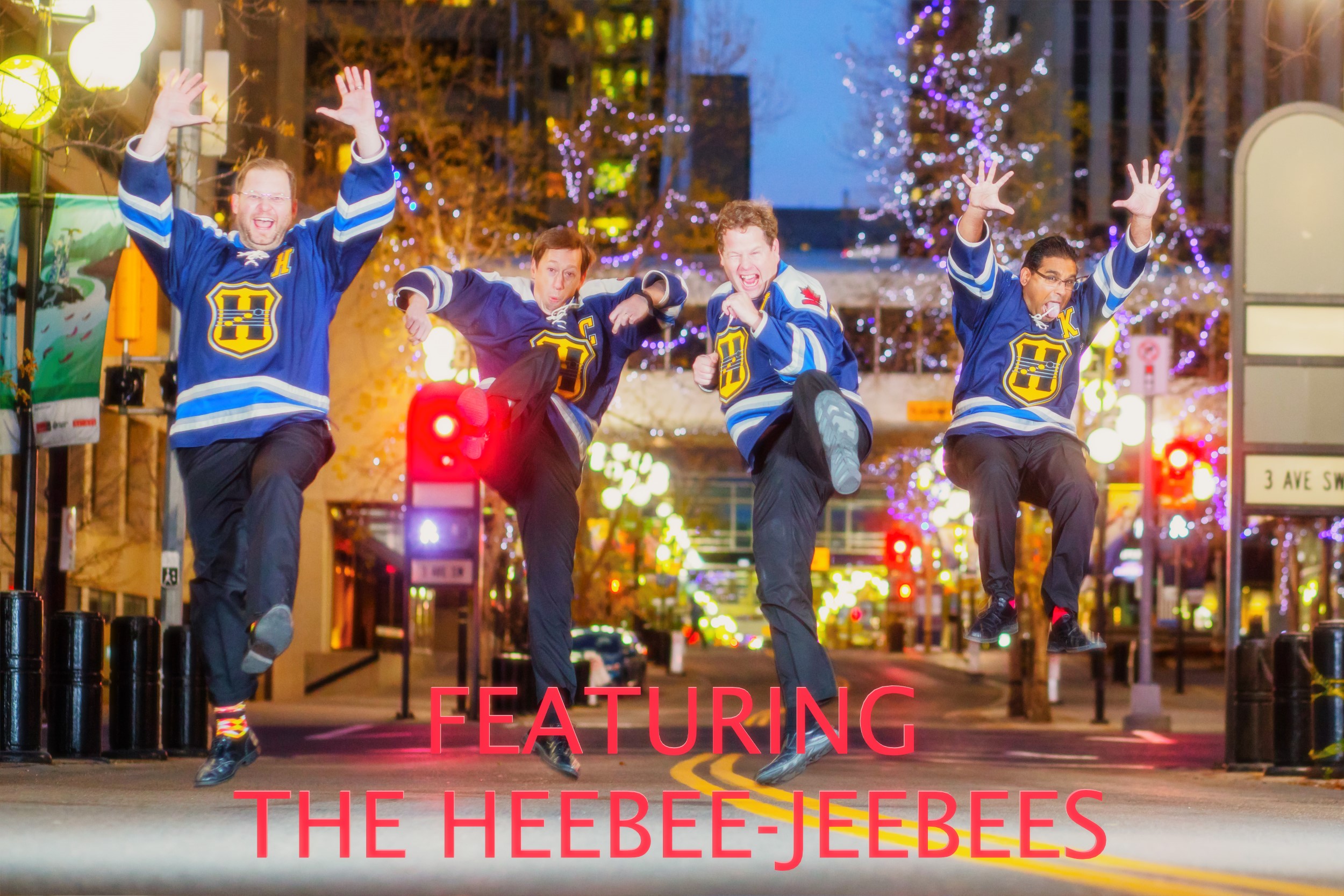 The music group the heebee-jeebees jumping in the street
